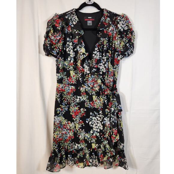 Miss Sixty M60 $120 Size 12 Black Lined Ditsy Spring Floral Ruffle Wrap Dress - Picture 1 of 14